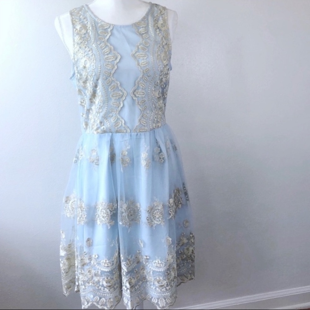 BHLDN | Blue/Gold Lace Overlay Dress